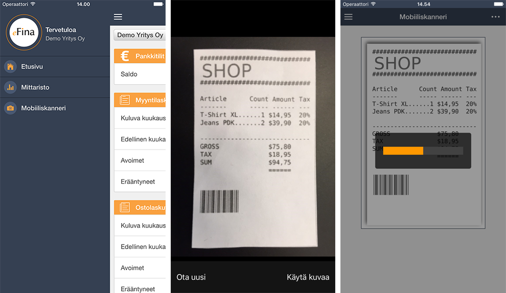  eFina Mobiilissa skannaat kuitit talteen
